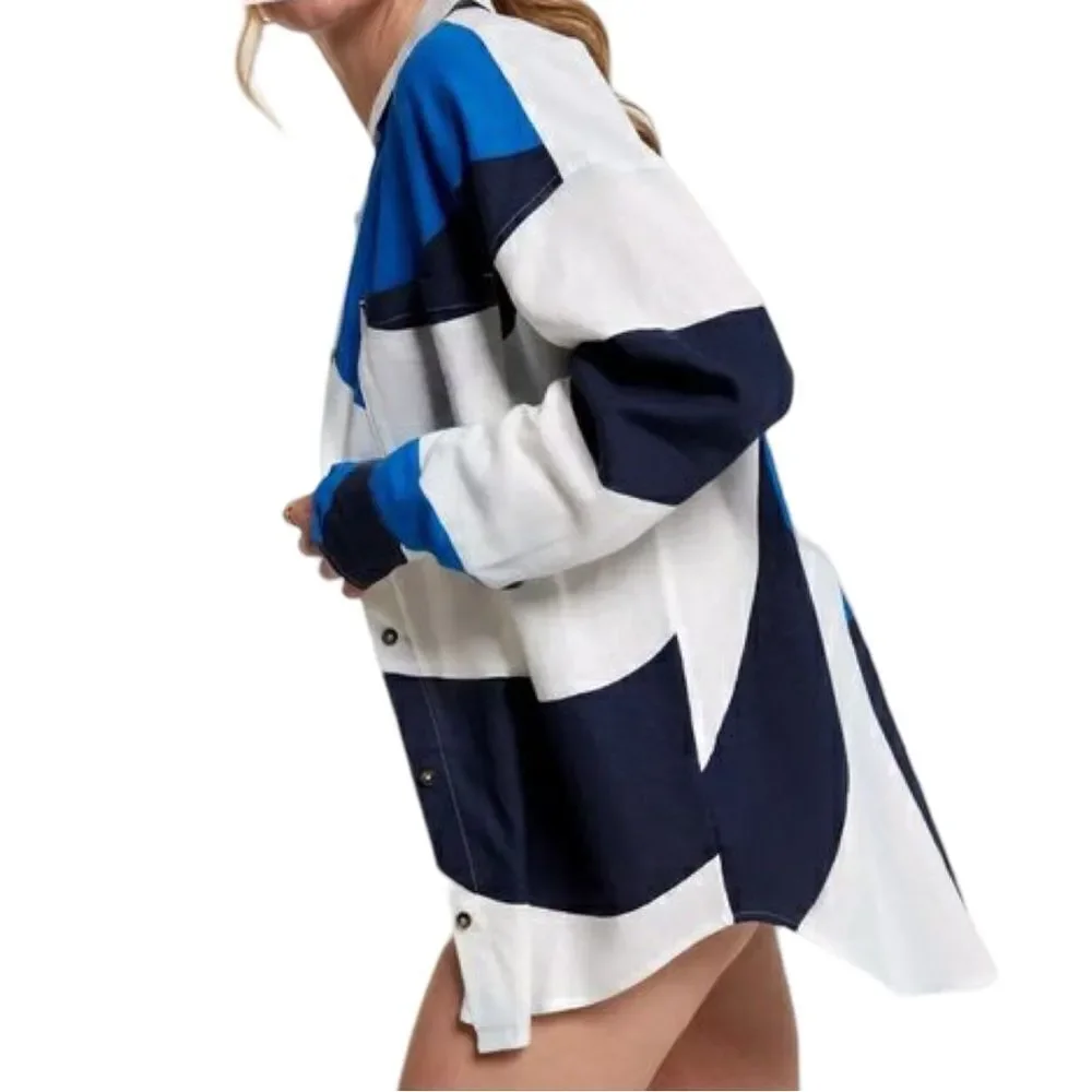 Calia Women's Wavy Blocks Blue Oversized Long Slv Button Down Cover Up (M) NWT